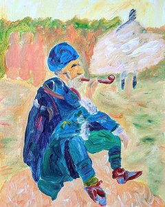 Alter albanischer Mann beim Rauchen