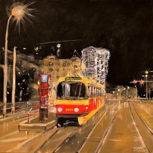 Praha - Noční tram u Tančícího domu