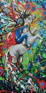 Cavaleiro sobre um cavalo branco