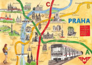 Una mappa dipinta delle attrazioni di Praga incastonata nella pianta della metropolitana