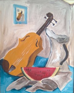 Still life with violin and watermelon