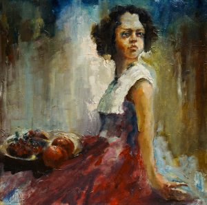 little girl with fruit