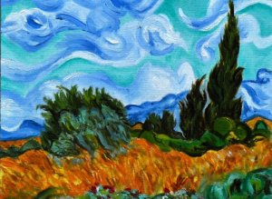 Wheat field with cypresses