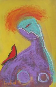 Portrét s červeným ptákem.