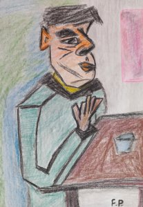 Porträt eines Mannes, der an einem Tisch sitzt und etwas trinkt.
