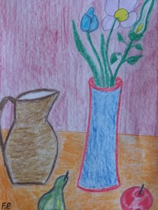 Still life - fruit, pitcher, flower in a vase.