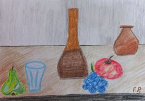 Zátišie - vázy s ovocím a sklom.