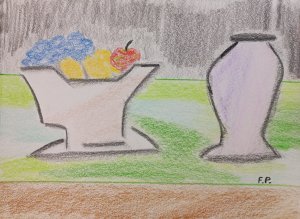 Stilleben - Schale mit Obst und Vase.