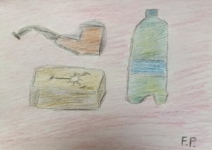 Naturaleza muerta - pipa, caja de tabaco, botella.