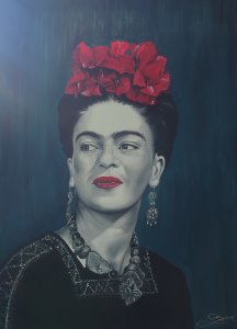 Frida Kahlo mit roten Blumen