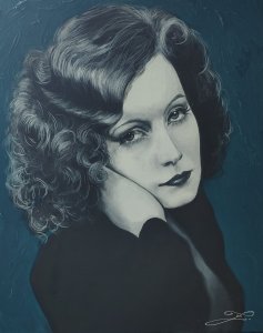 Greta Garbo con fondo turquesa