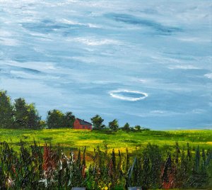 Landscape with a circle in the sky and a brick house