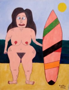 Une fille avec un castor et une planche de surf.