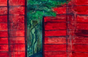 Červené dvere a les