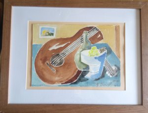 Still life with bowl and guitar