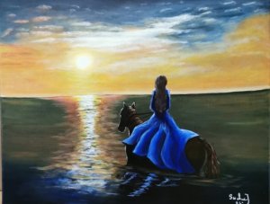 Mulher a cavalgar no mar