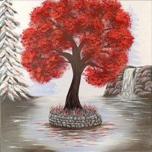 Red tree on the lake