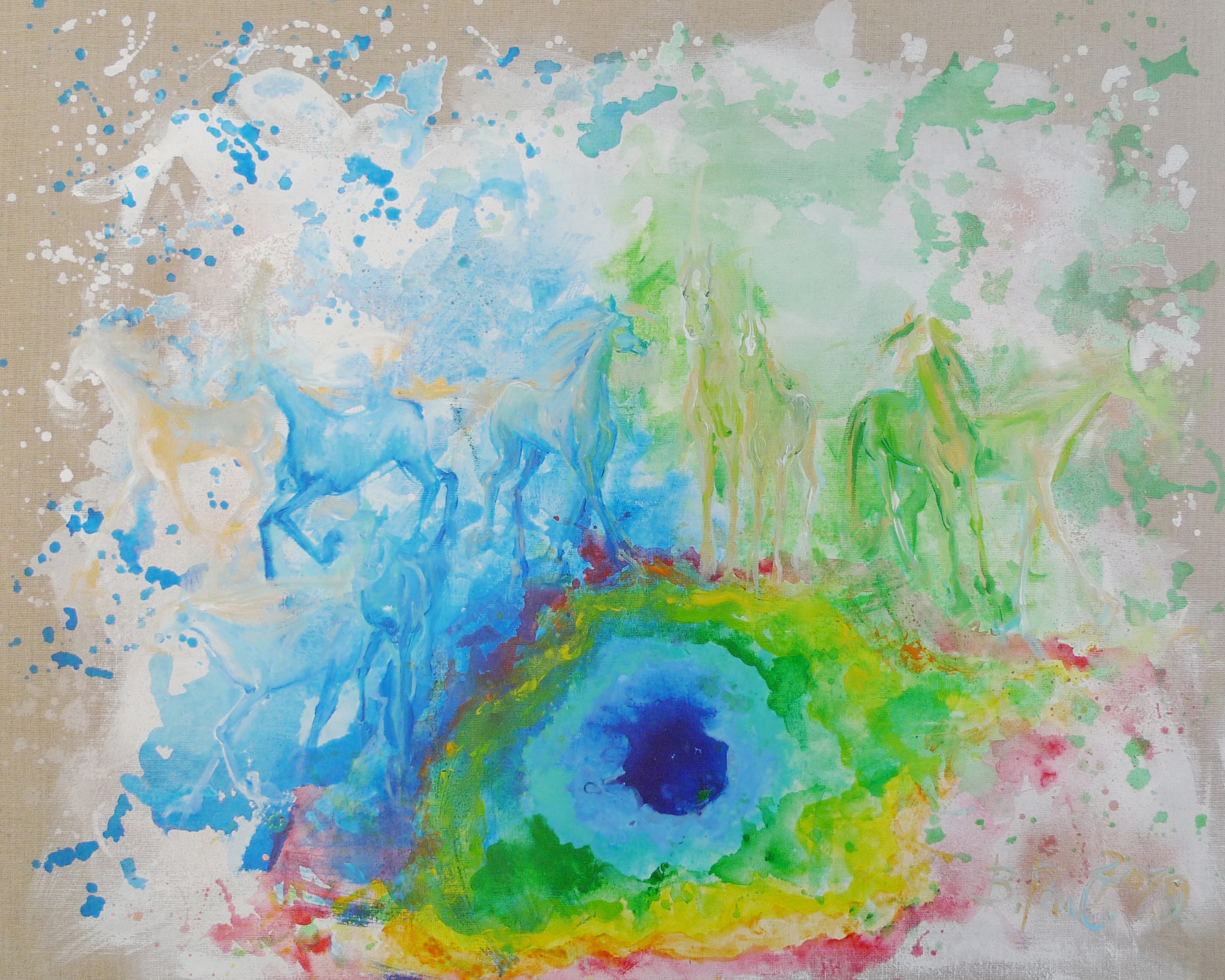 Deväť koníkov, Barbora Paulovičová — Acrylic, Surrealism, Canvas — 100 × 80 cm