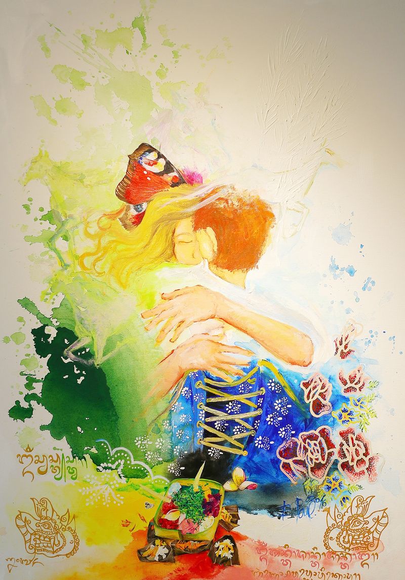 Objatie s modrotlačom a batiky (Kéknyomatos és batikolt mintás ölelés), Barbora Paulovičová — Vászon, 70 × 100 cm