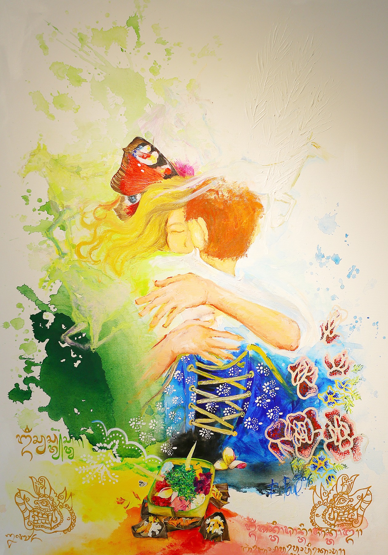 Objatie s modrotlačom a batiky, Barbora Paulovičová — Mixed Media, Figurative, Canvas — 70 × 100 cm