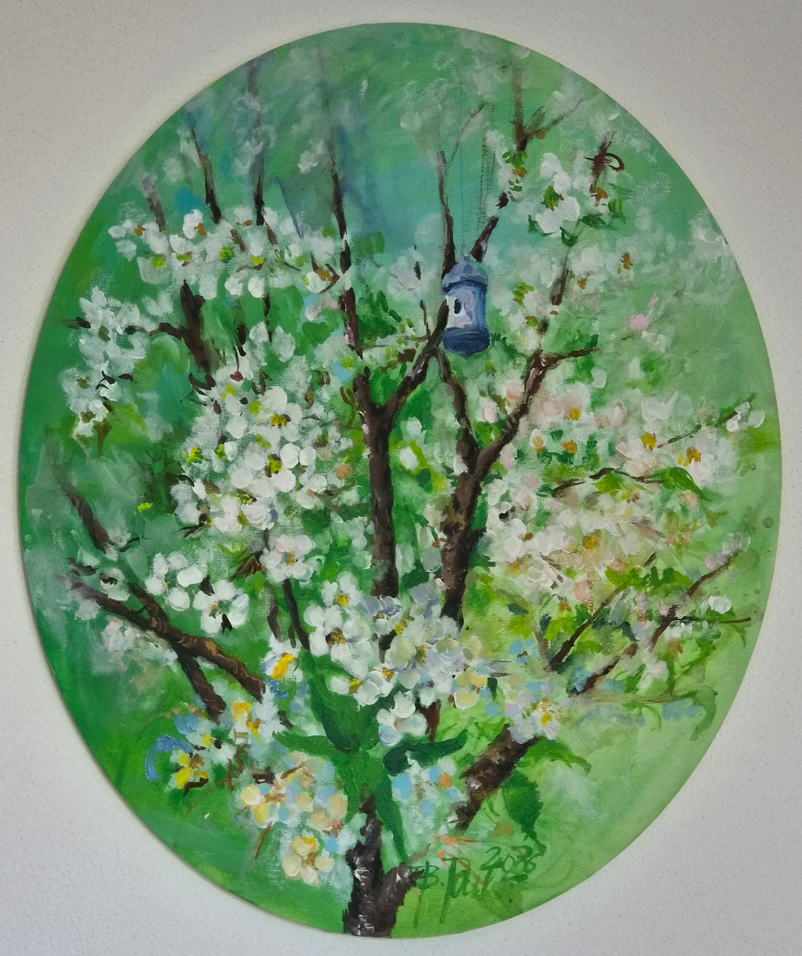 Pod rozkvitnutou višňou, Barbora Paulovičová — Acrylic, Impressionism, Canvas — 50 × 60 cm