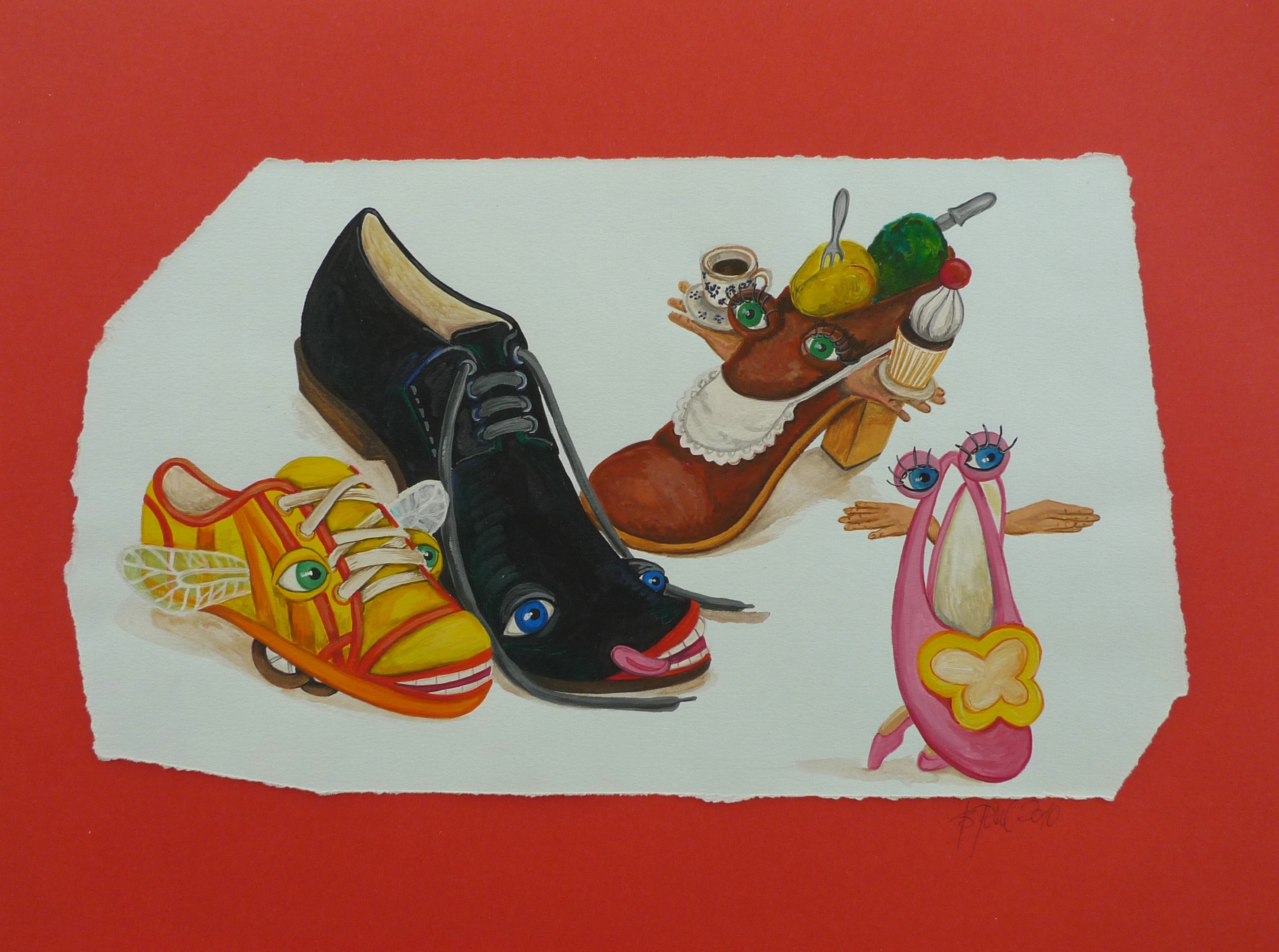 Topánčia rodinka, Barbora Paulovičová — Tempera, Surrealism, Paper — 39 × 30 cm