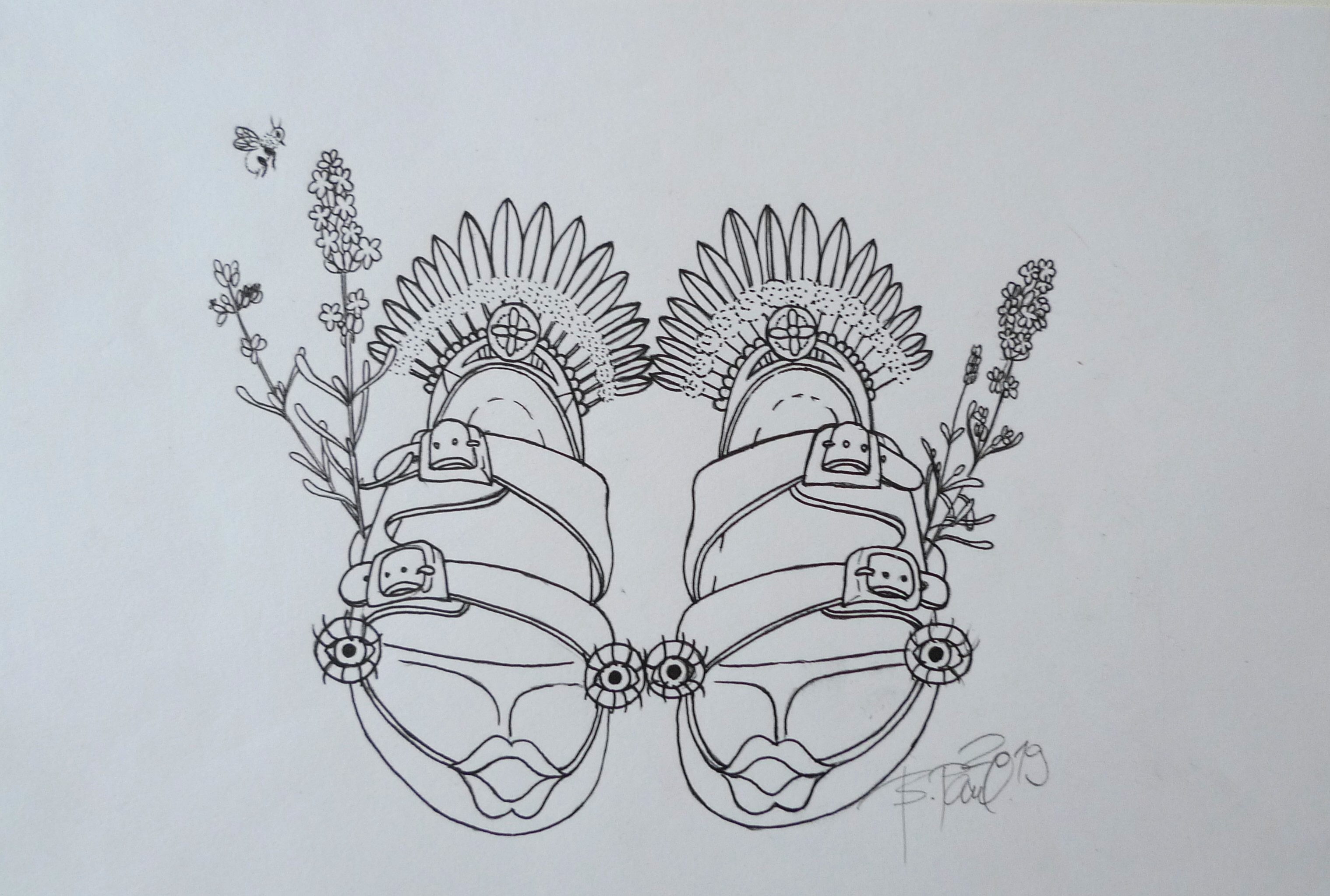 Topánky s levandulami a so včielkou, Barbora Paulovičová — Pen, Surrealism, Paper — 29.7 × 21 cm