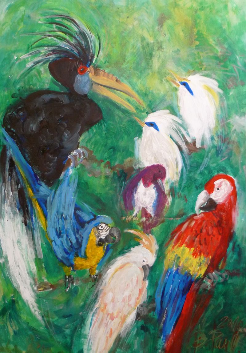 Zasedání papoušků, Barbora Paulovičová — Plátno, 60 × 100 cm