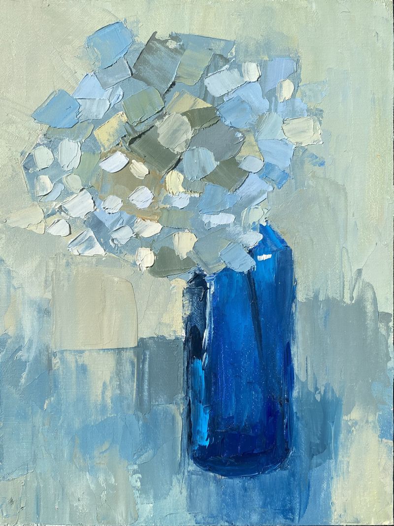 Blue Hydrangeas (Modré hortenzie), Caterina Orsa — Drevo, 18 × 24 cm