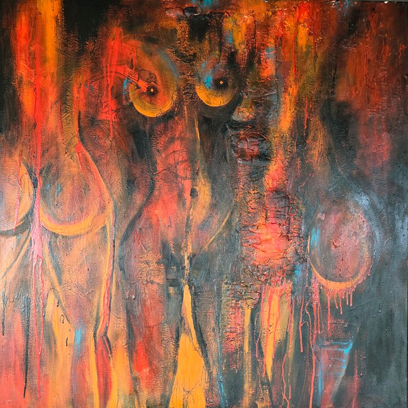 BURNING CONSCIENCE (CONCIENCIA ARDIENTE), Cyril Cichy — Lienzo, 100 × 100 cm