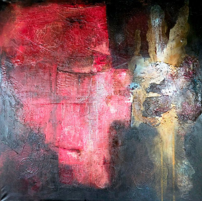CRIMSON FRACTURE, Cyril Cichy — Plátno, 100 × 100 cm