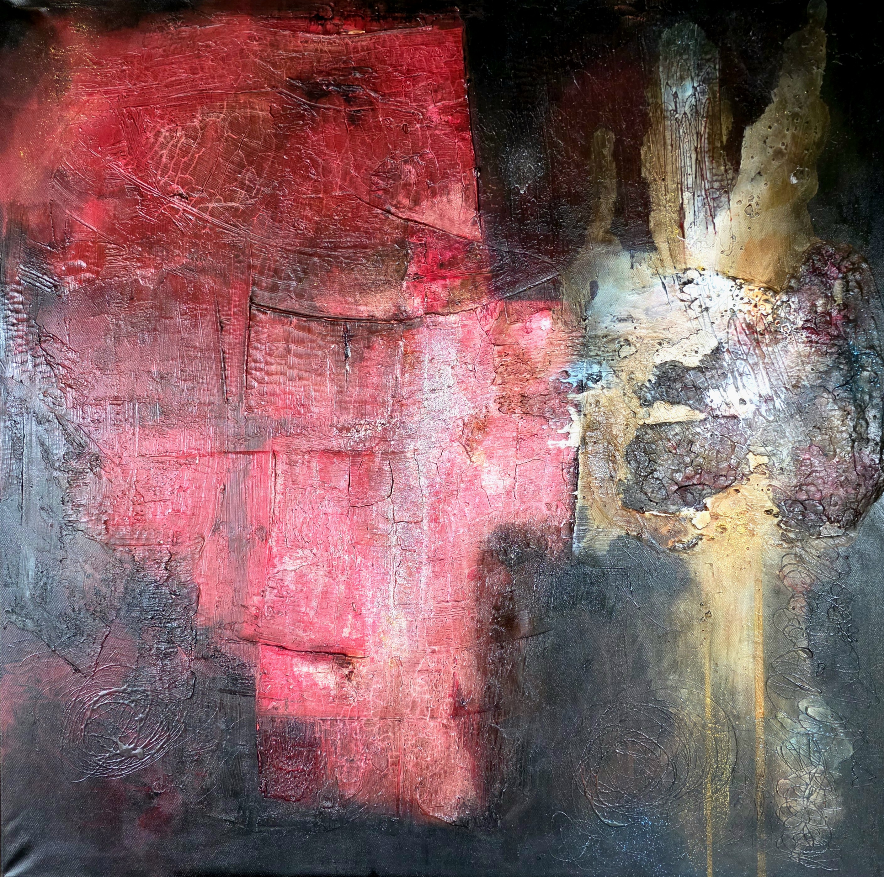 CRIMSON FRACTURE, Cyril Cichy — Acrylic, Abstract, Canvas — 100 × 100 cm