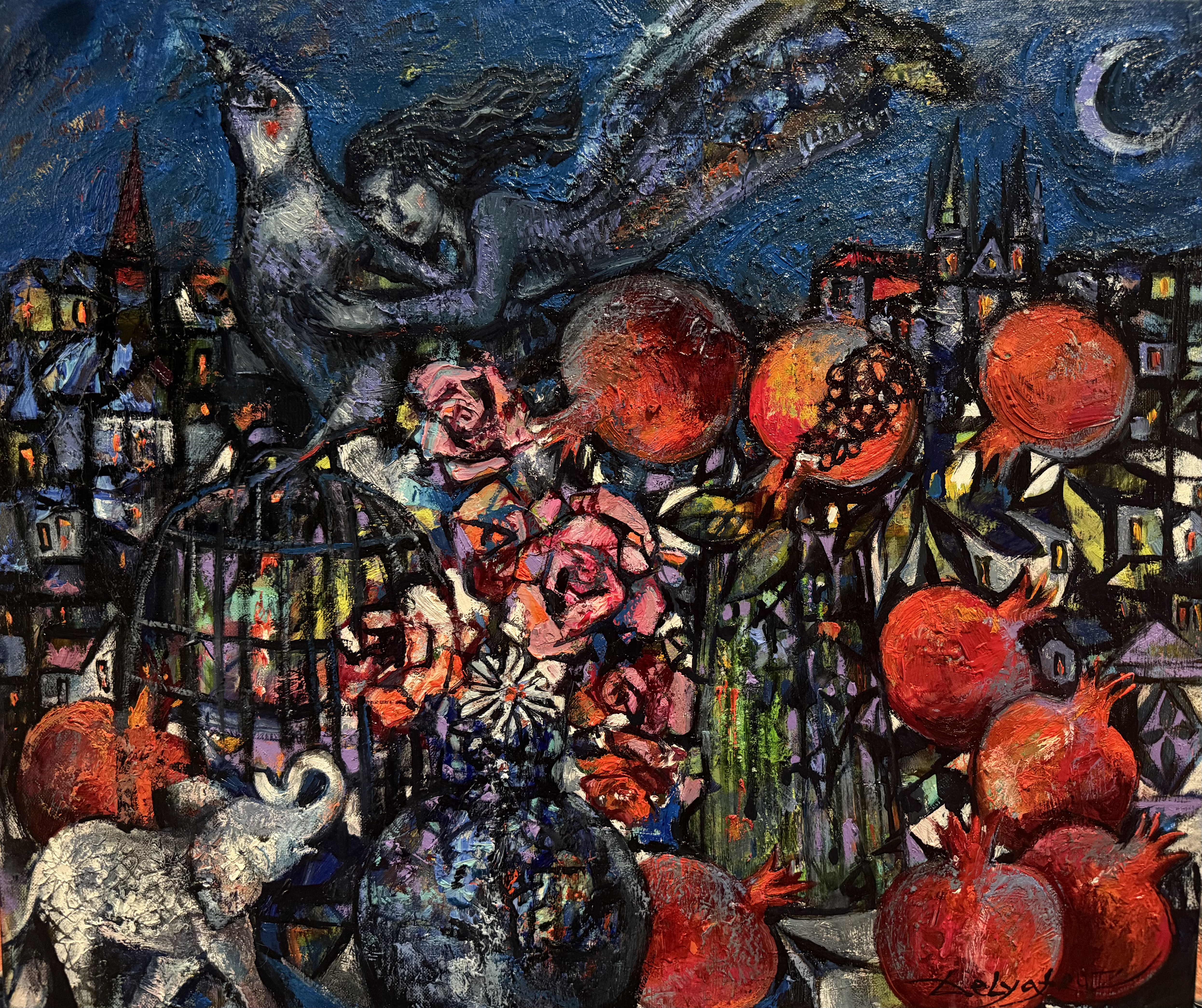 Noční zahrada paměti, delyafruz — Oil Painting, Symbolism, Canvas — 60 × 50 cm