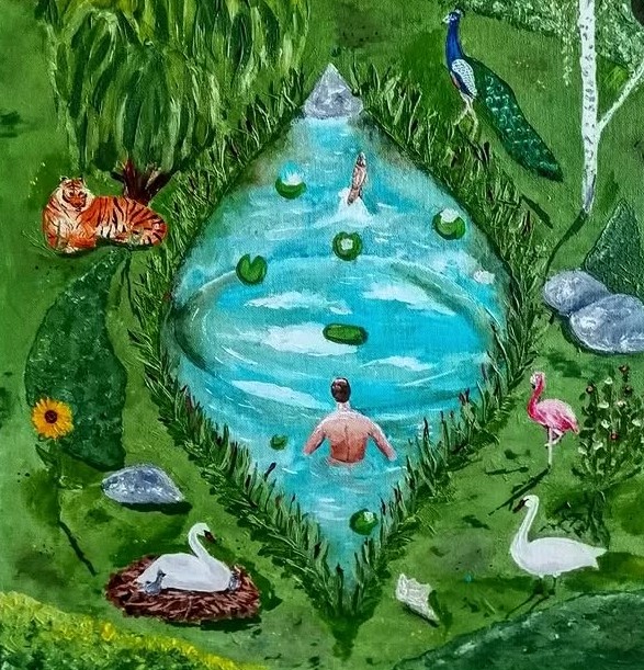 Lekce plavání, Dominik Hladký — Acrylic, Surrealism, Canvas — 40 × 40 cm