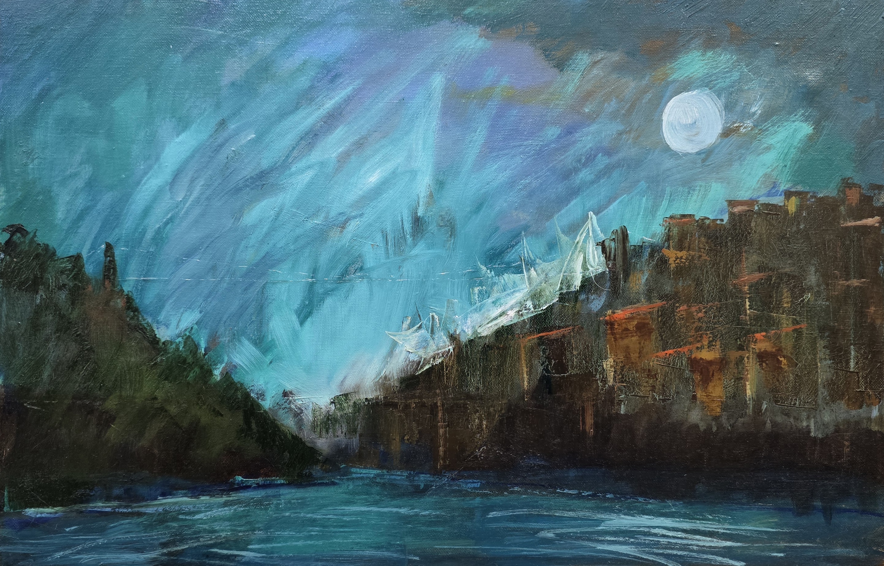 MEZI NEBEM A ŘEKOU, Džemal Gugunava — Olejomalba, Expresionismus, Plátno — 60 × 40 cm