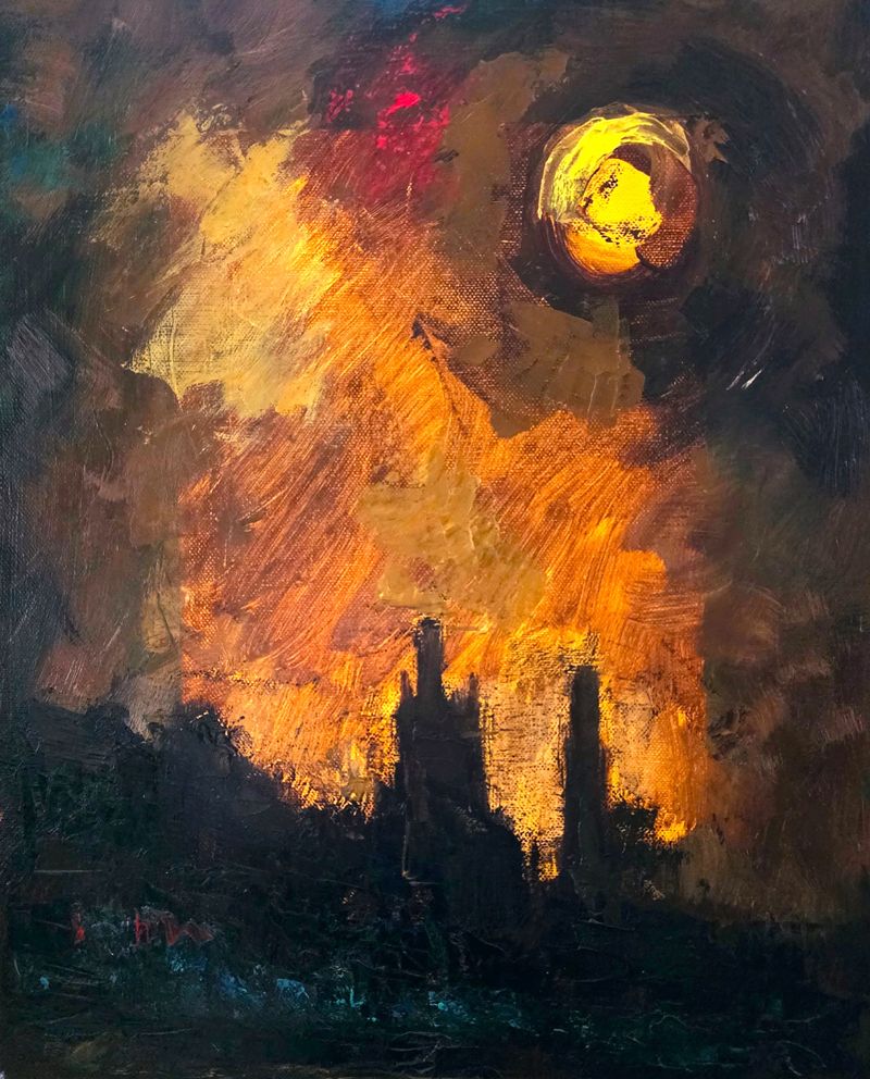 PLANOUCÍ NEBE NAD HRADEM (THE FLAMING SKY ABOVE THE CASTLE), Džemal Gugunava — Canvas, 35 × 46 cm