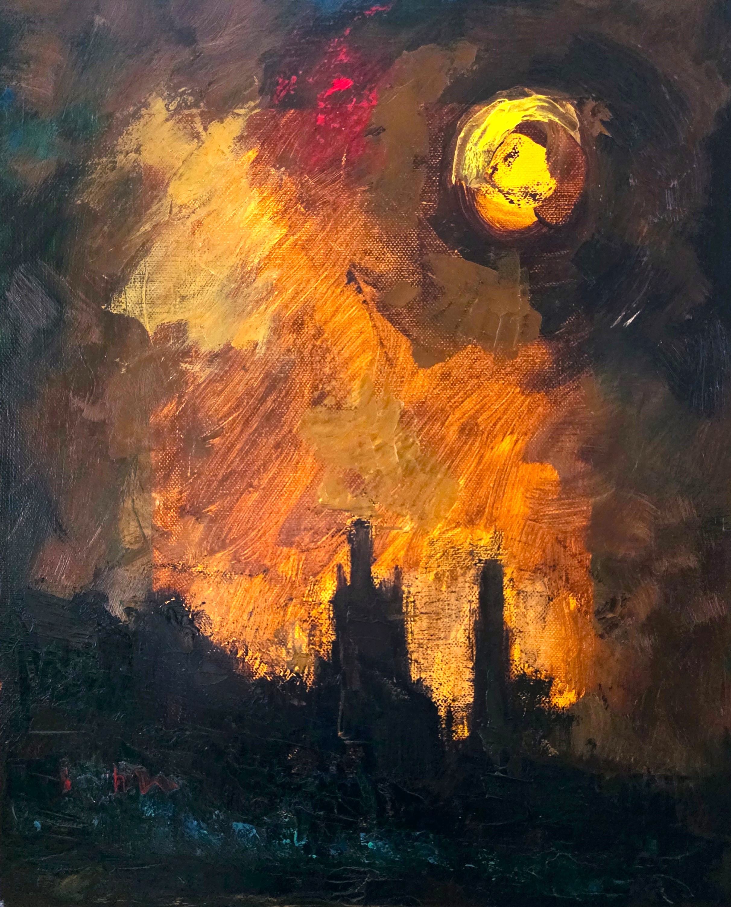 PLANOUCÍ NEBE NAD HRADEM, Džemal Gugunava — Olajfestmény, Expresszionizmus, Vászon — 35 × 46 cm