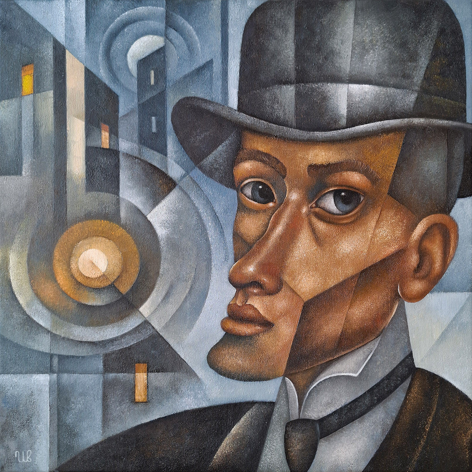 Muž v buřince, Eugene Ivanov — Oil Painting, Cubism, Canvas — 50 × 50 cm