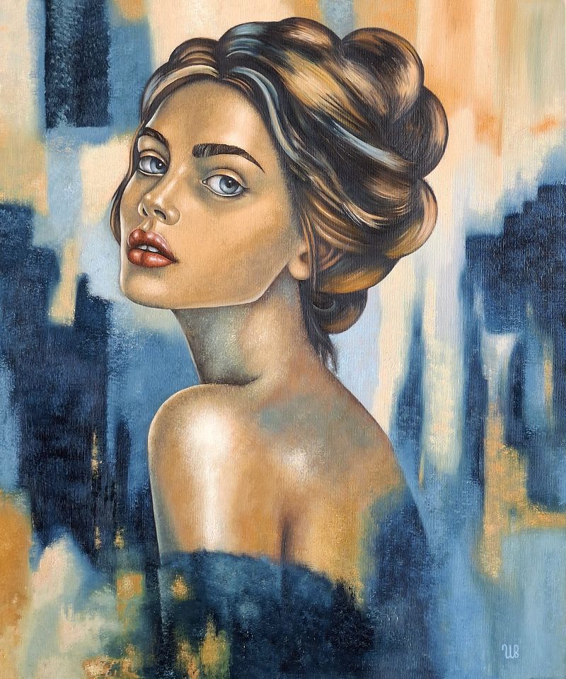 Žena v modrém, Eugene Ivanov — Plátno, 50 × 60 cm