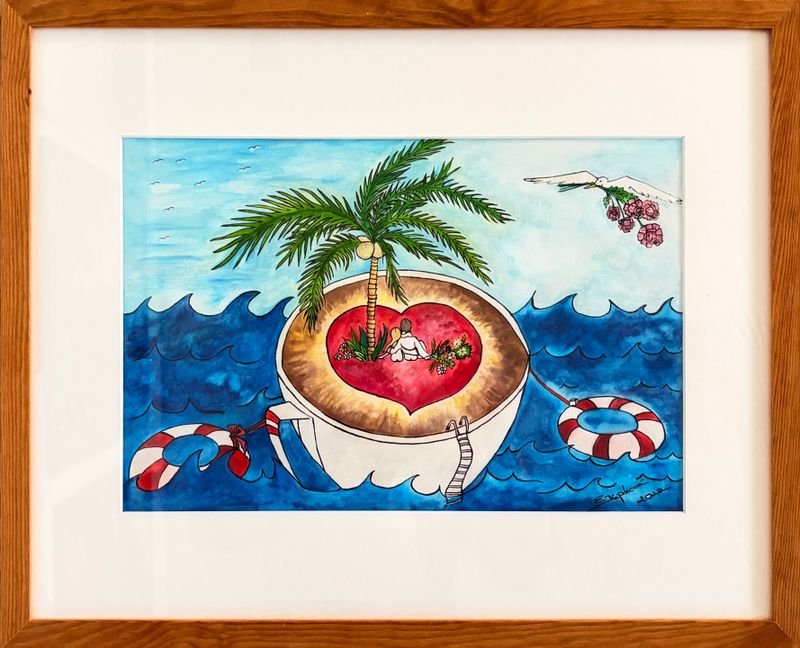 Pod palmou a zase spolu (Under the Palm Tree, Together Again), Eva Kupková — Paper, 25 × 38 cm