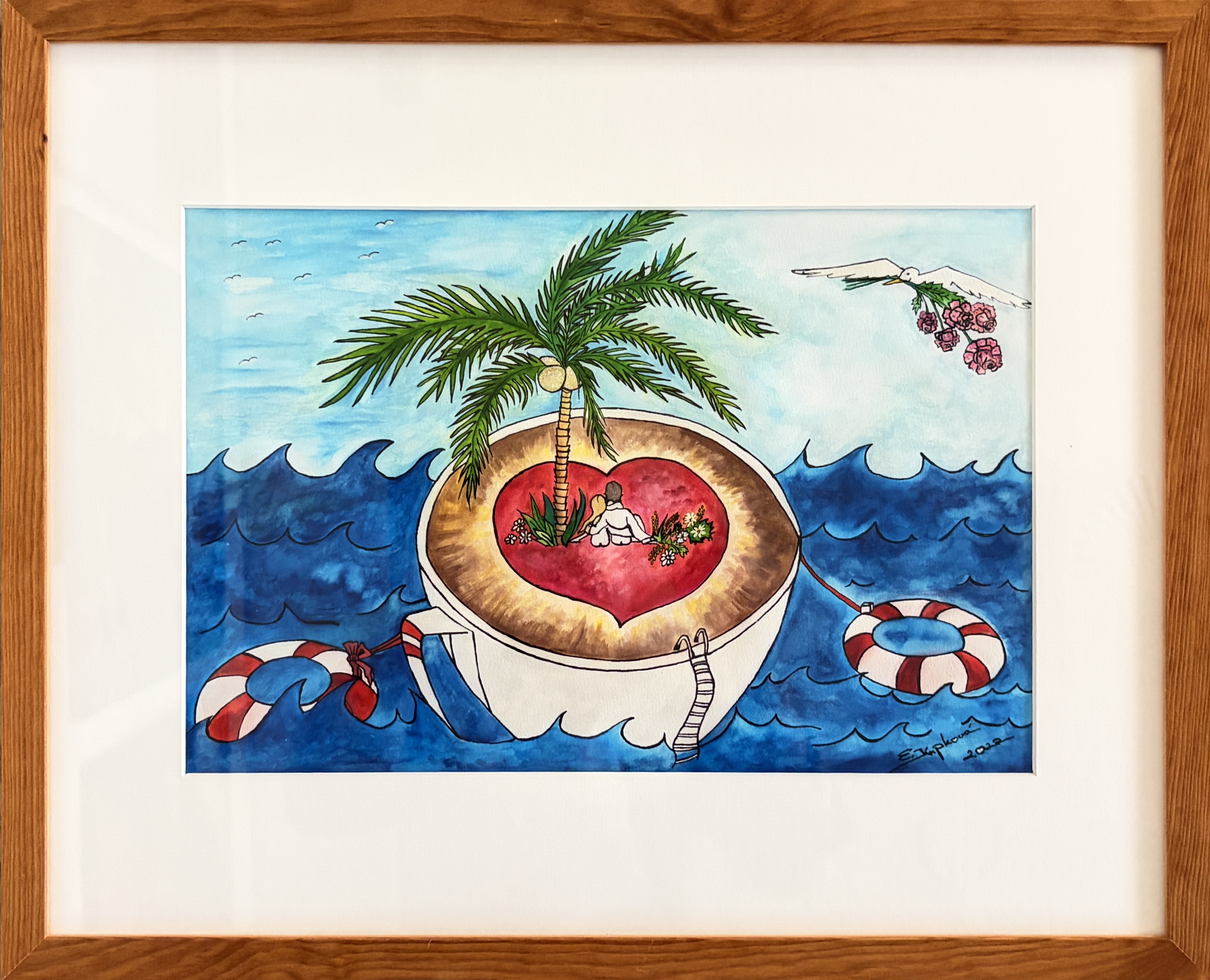 Pod palmou a zase spolu, Eva Kupková — Vegyes technika, Meditative, Papír — 25 × 38 cm