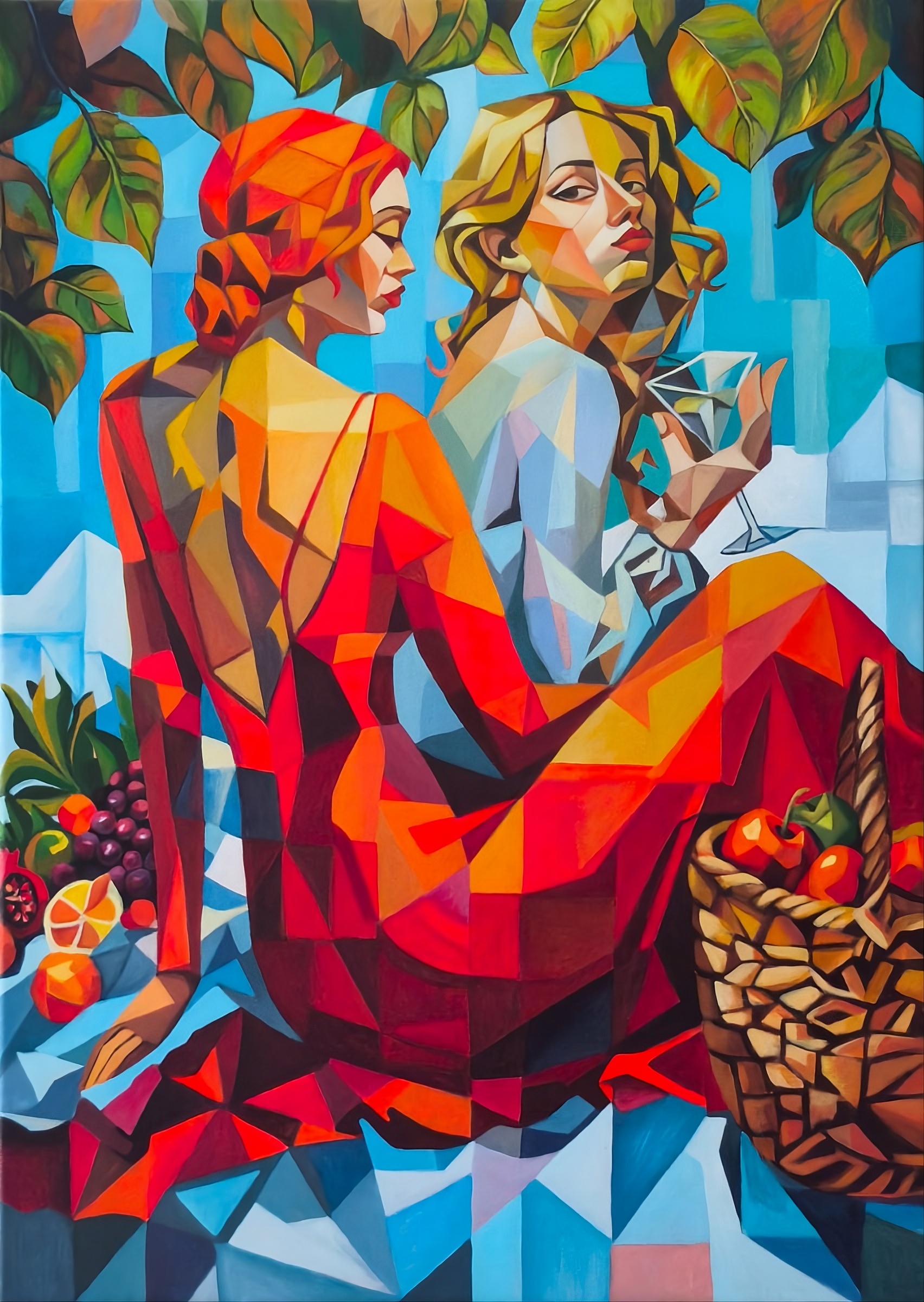 Dvě ženy v letní zahradě, Gotlen — Acrylic, Fauvism, Canvas — 50 × 70 cm
