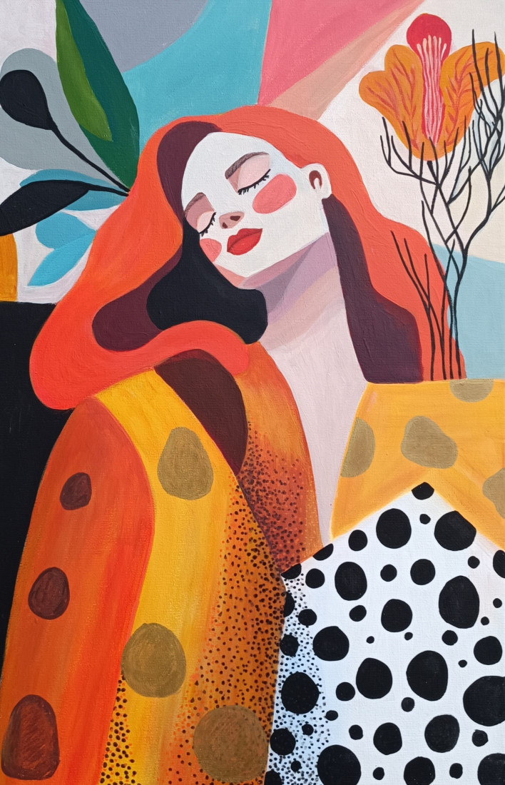 Rudovlasá žena ve stylu Matisse, Gotlen — Akril, Absztrakció, Vászon — 40 × 60 cm