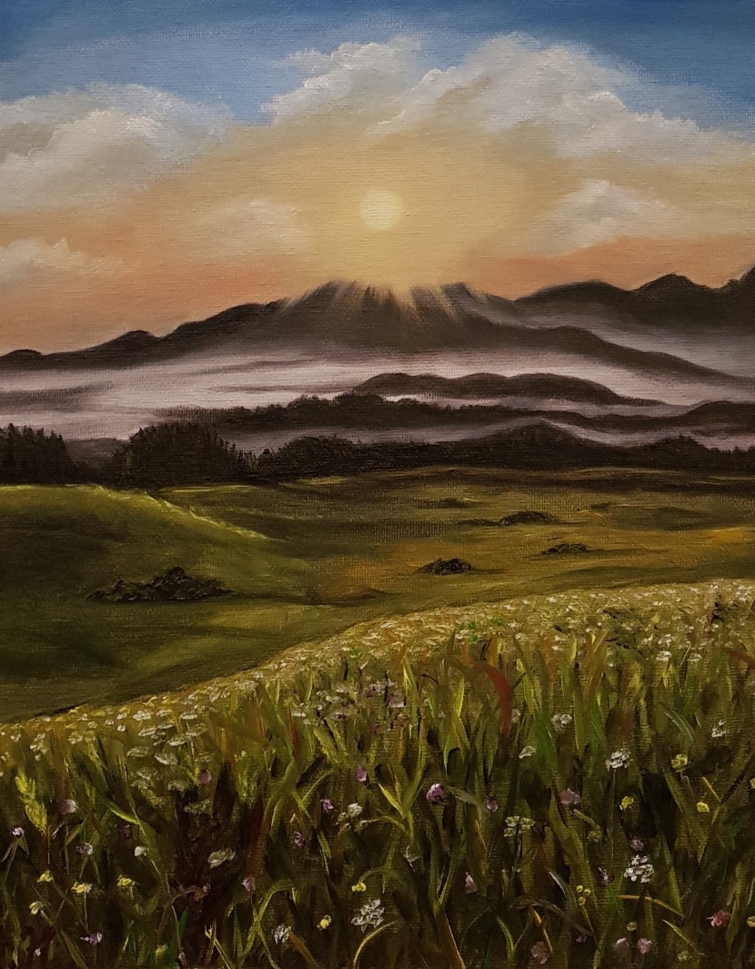 Krajinka - mlha v horách, Ivana Homolová — Oil Painting, Hyperrealism, Wood — 24 × 30 cm