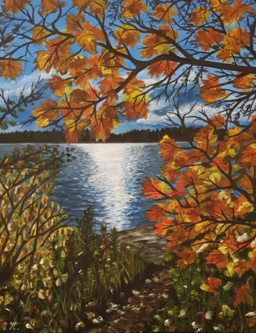 Podzim u jezera - krajina, Ivana Homolová — Acrylic, Realism, Canvas — 40 × 50 cm
