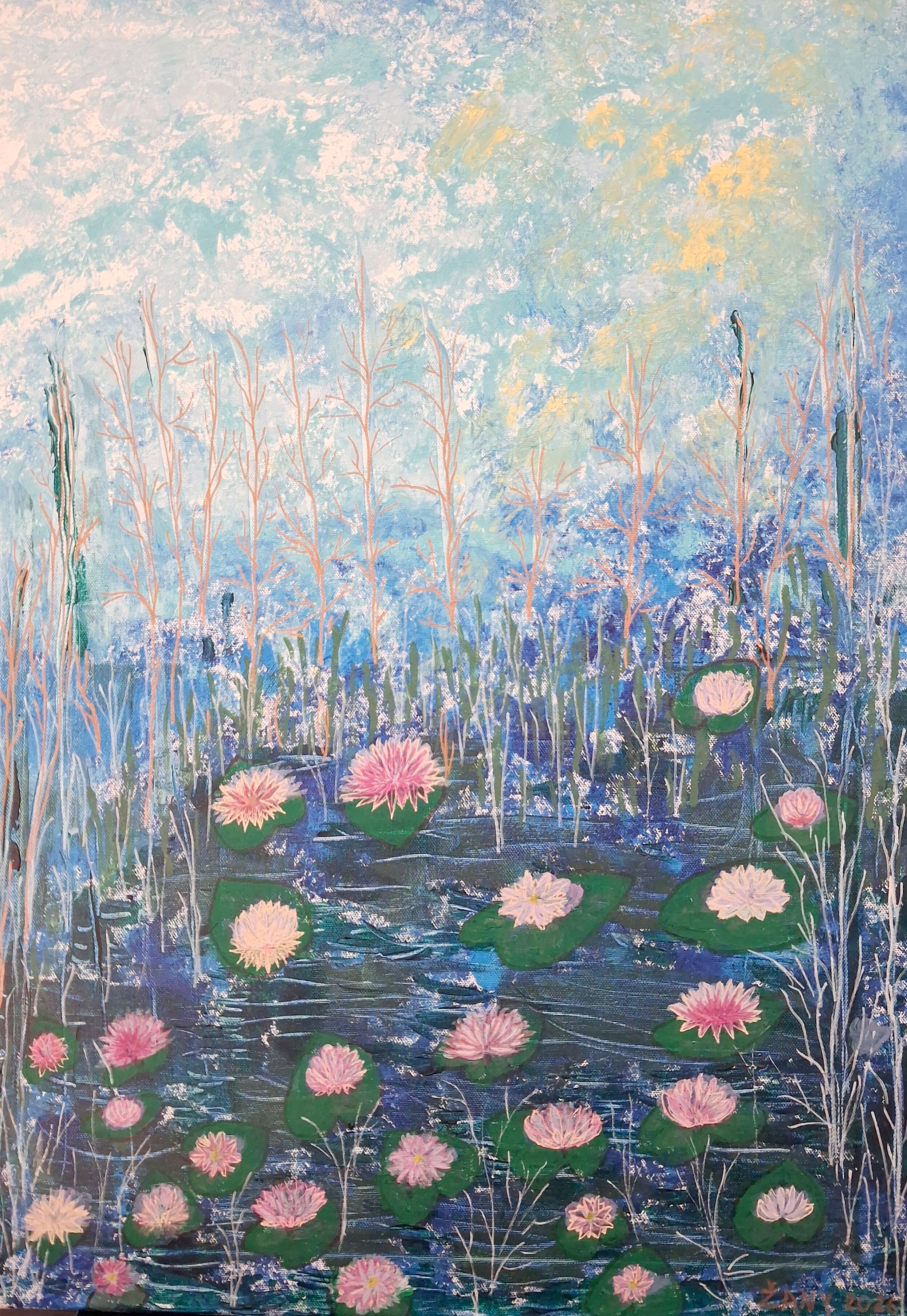 Lekníny, Jana Žany Bierhanzlová — Acrylic, Abstract, Canvas — 50 × 69.2 cm