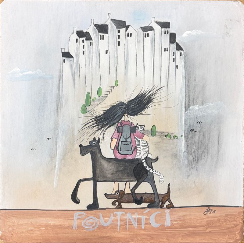 Poutníci, Jarmila Sítníková — Dřevotříska / MDF, 25 × 25 cm