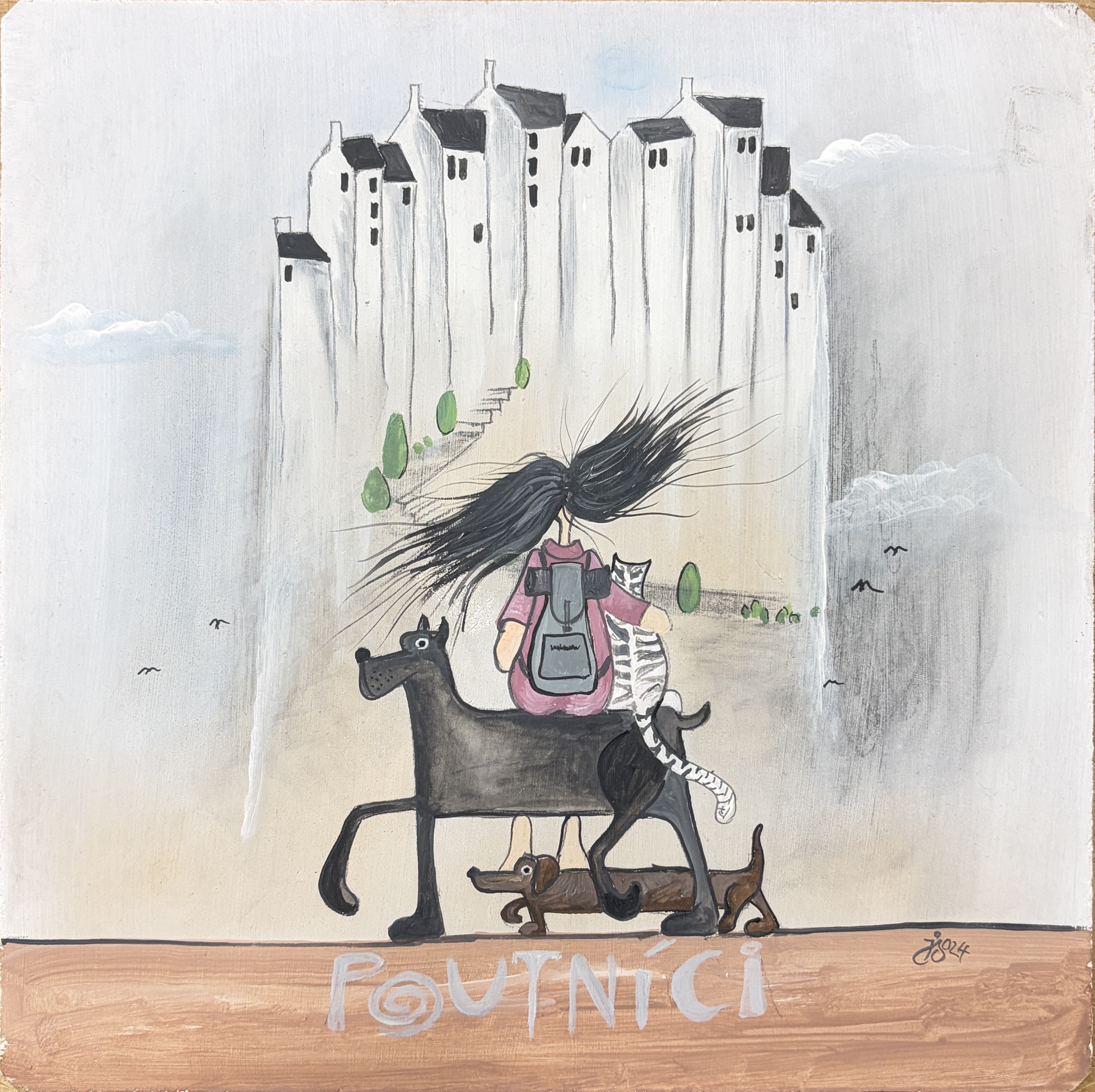 Poutníci, Jarmila Sítníková — Mixed Media, Naive Art, Chipboard / MDF — 25 × 25 cm