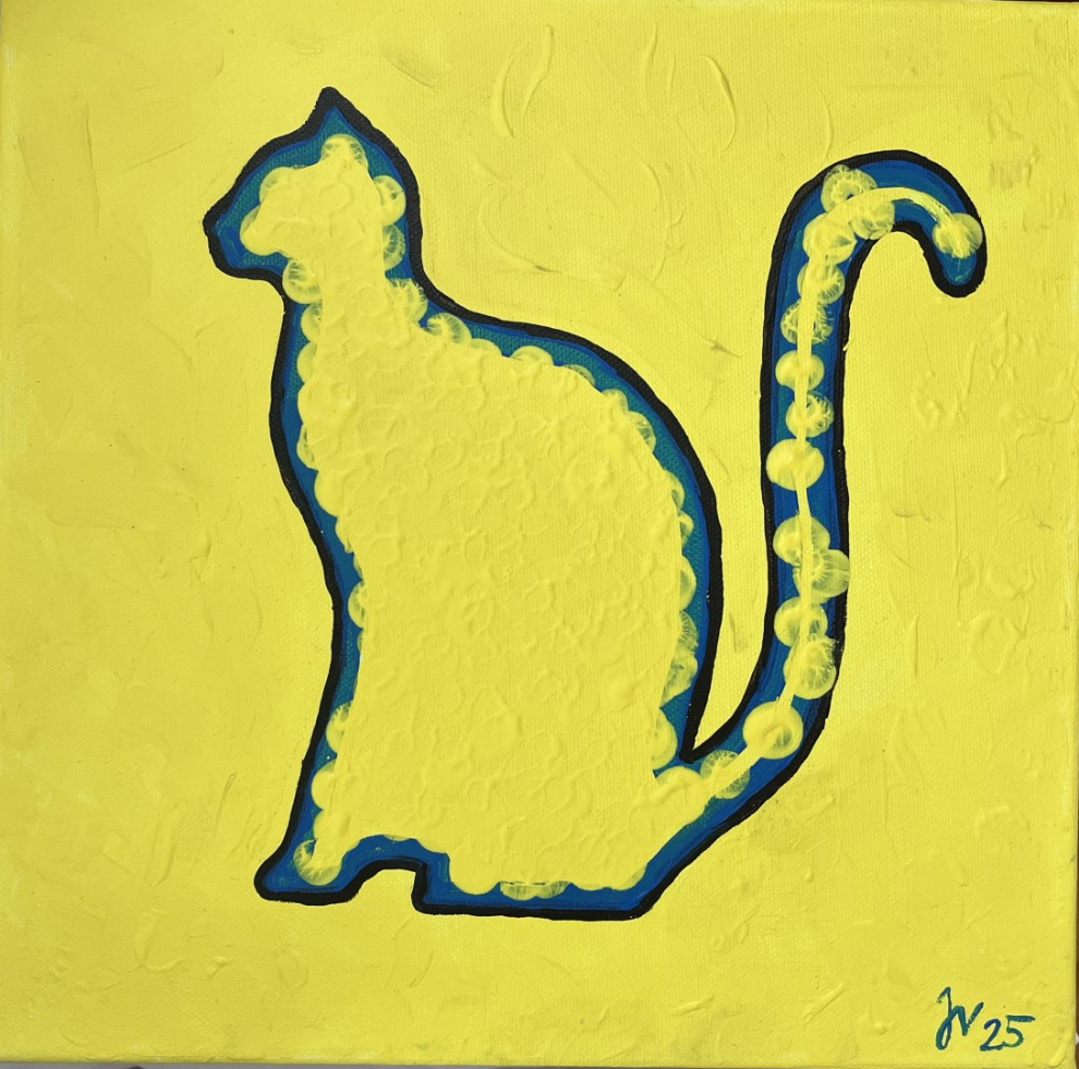 Kočka ve žlutém, Jitka Vavrušová — Acrylic, Pop Art, Canvas — 30 × 30 cm