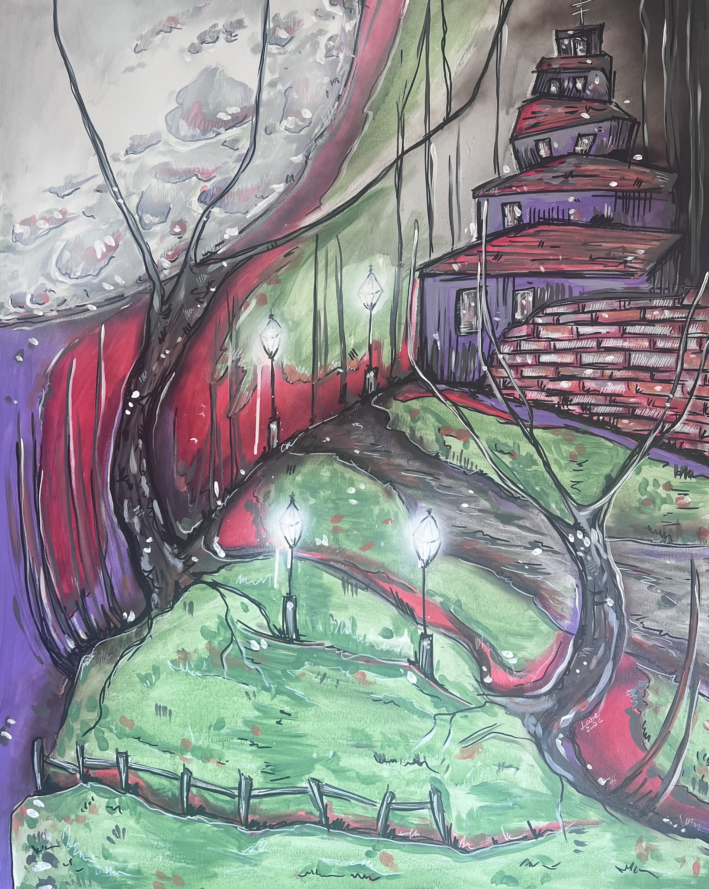 Purpurový priechod, Labe — Acrylic, Surrealism, Canvas — 80 × 100 cm